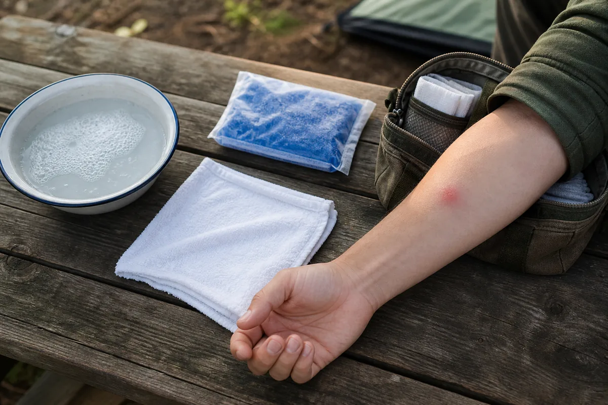 Clean cloth, wrapped cold pack, soap and water arranged beside one mild local insect bite at a campsite table