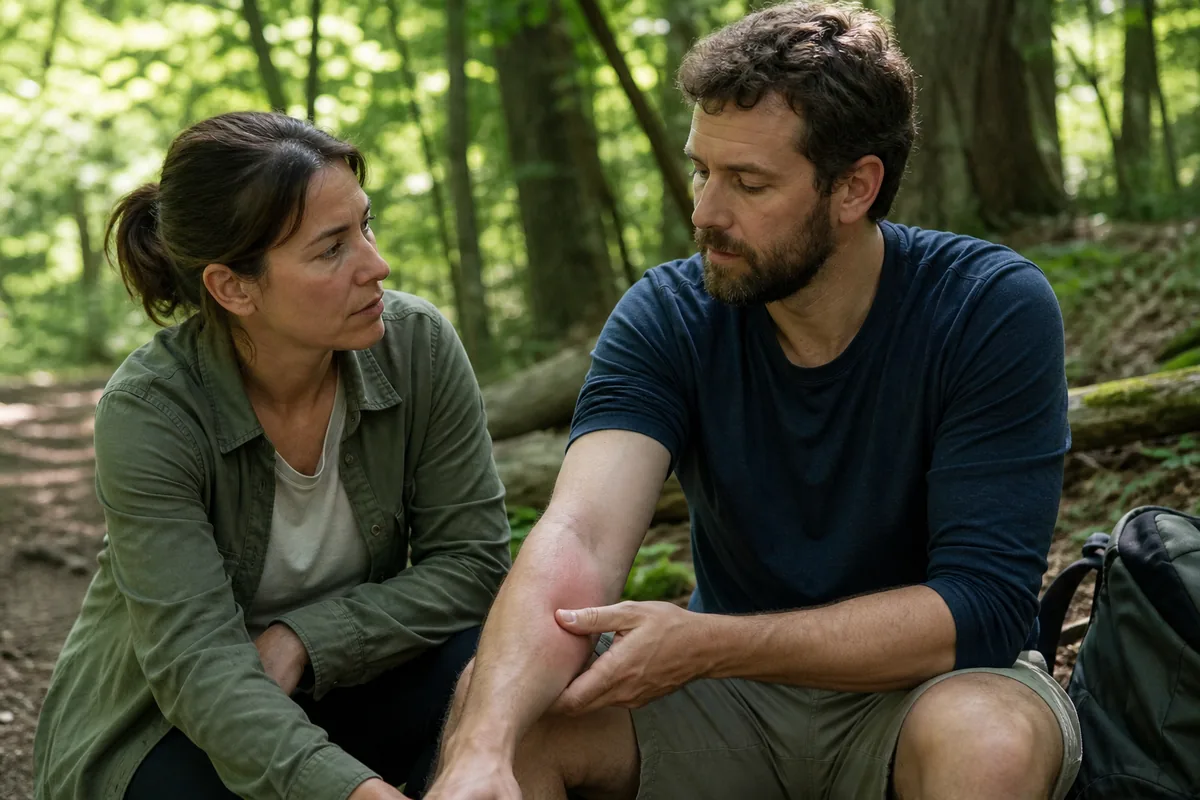 Hiker with one swollen forearm while a companion checks breathing and general condition at a woodland rest stop