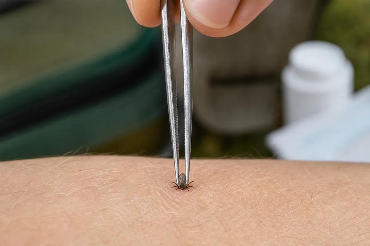 Fine-tipped tweezers grasping an attached tick close to the skin for a steady upward pull
