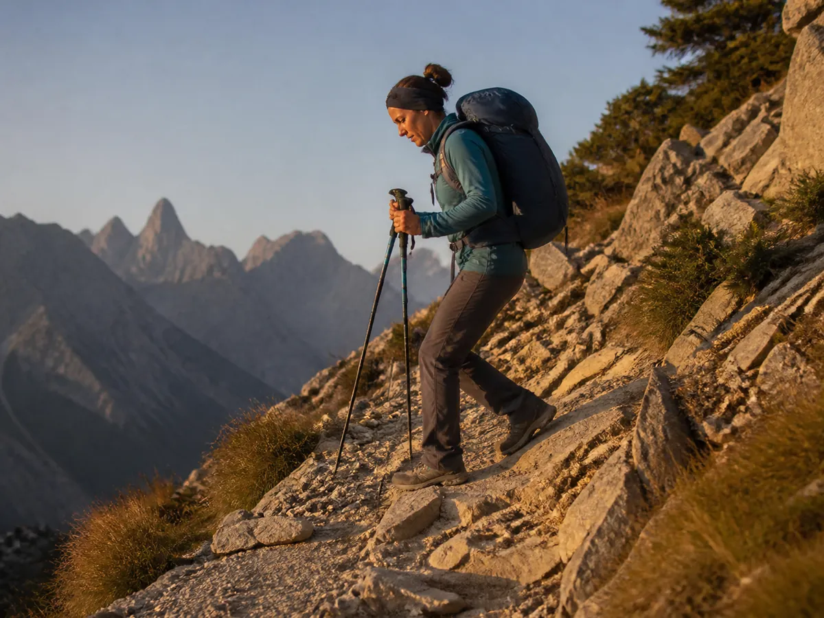 Hiker descending rocky steps with a short stride, bent knees, and planted trekking poles - downhill knee technique | KnowOutdoor