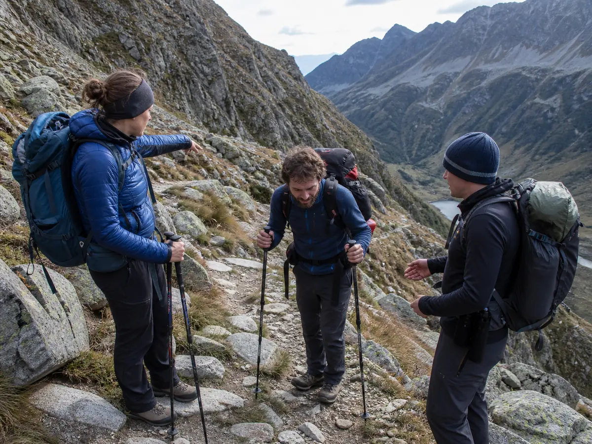 Three hikers assessing a steep rocky descent while one relies on two trekking poles - knee injury evacuation terrain | KnowOutdoor