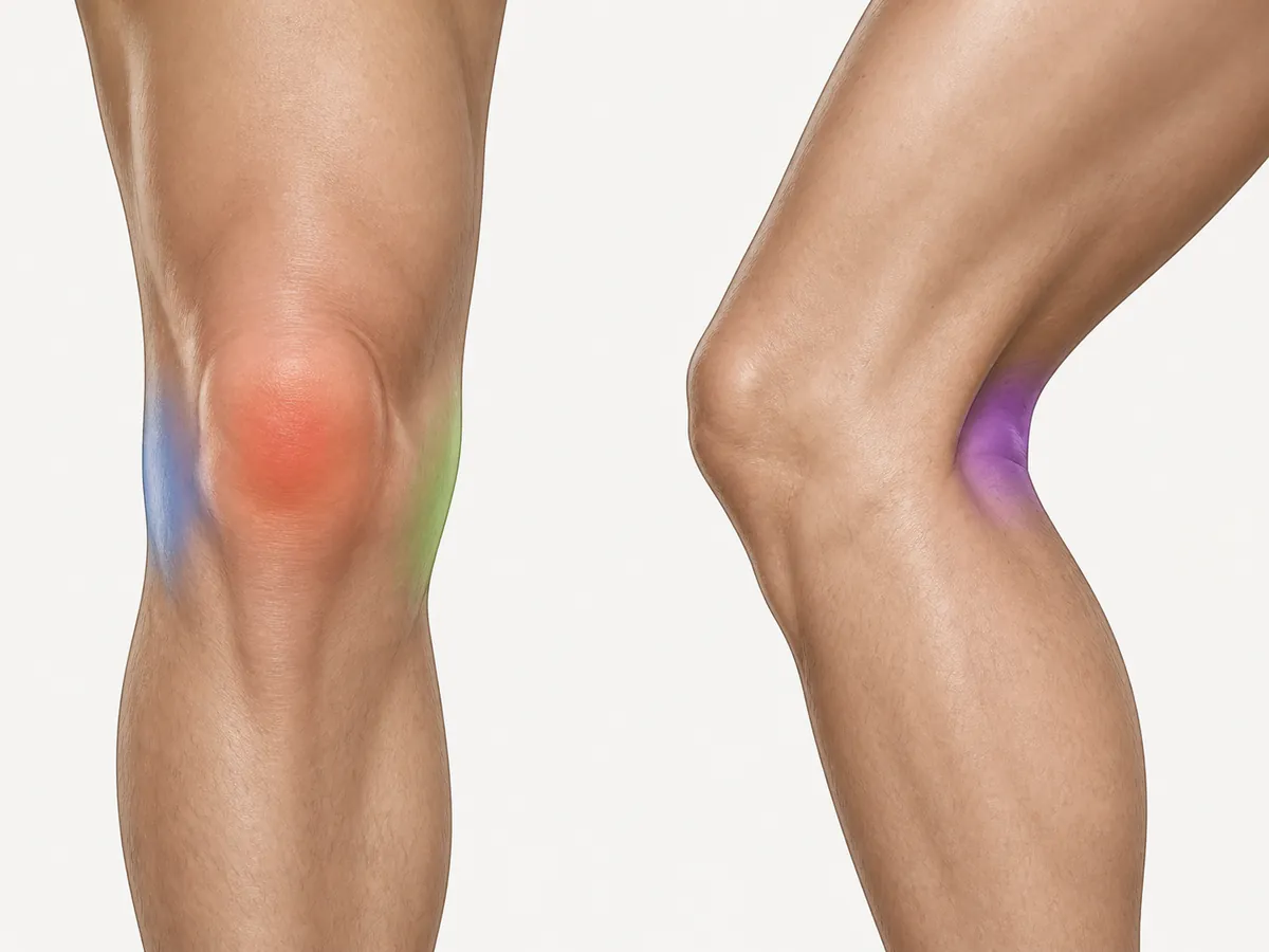 Medical field-guide illustration showing front, outer, and joint-line regions of a bent knee - hiking knee pain | KnowOutdoor