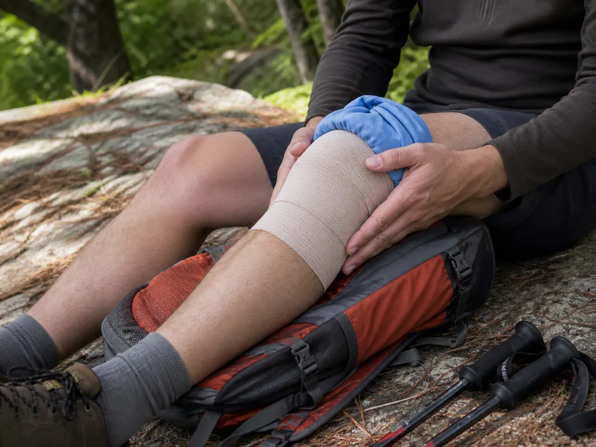 Knee supported with an elastic wrap and cloth-covered cold pack while resting on a backpack - supporting a knee injury | KnowOutdoor