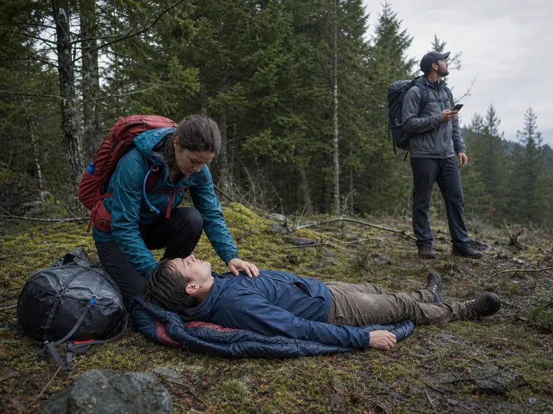 One rescuer checking an unresponsive hiker on lower forest terrain while another calls for emergency help several steps away after a thunderstorm - lightning first aid roles | KnowOutdoor