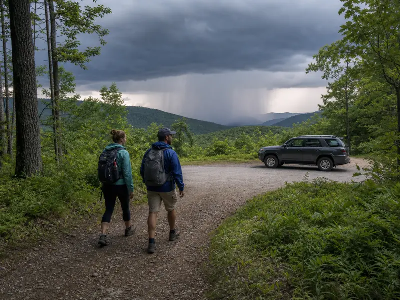 Two hikers at a dry trail junction turning toward a nearby enclosed trailhead vehicle while a distant rain shaft approaches - retreat before rain arrives | KnowOutdoor