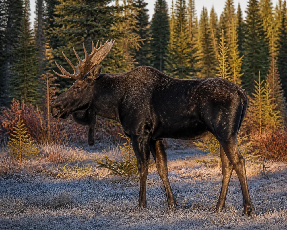 A bull moose standing at full height on open sedge meadow against a spruce treeline in low autumn light - the shoulder height and leg length that put hooves at chest and head level | KnowOutdoor