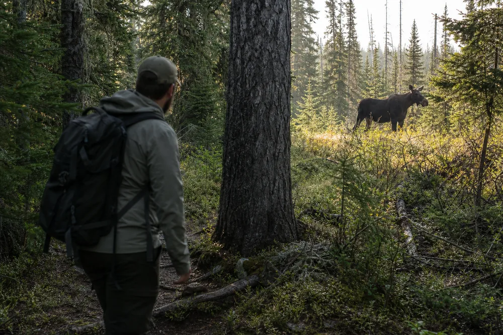 A hiker stepping backward off a spruce trail with a mature trunk directly between them and a moose in the brush beyond - keeping cover in the line of retreat | KnowOutdoor