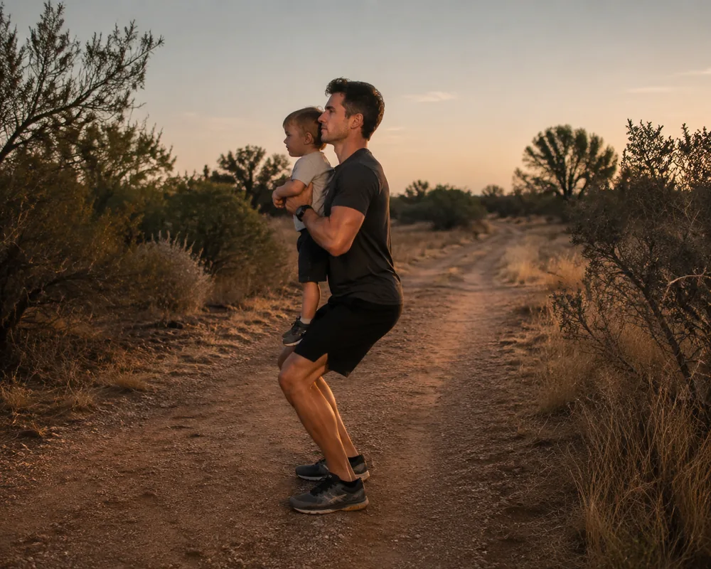 An adult on an open scrubby trail at dusk lifting a small child against their chest while standing tall, knees clearly bent in a squat with the back straight and the head and shoulders high, face turned level down the trail | KnowOutdoor