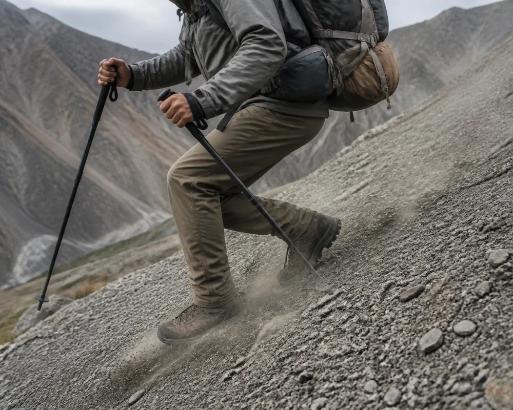 A hiker's legs mid-stride on a steep loose gravel descent under a loaded pack, the front knee bent and taking the landing - the braking load that produces quadriceps cramping | KnowOutdoor