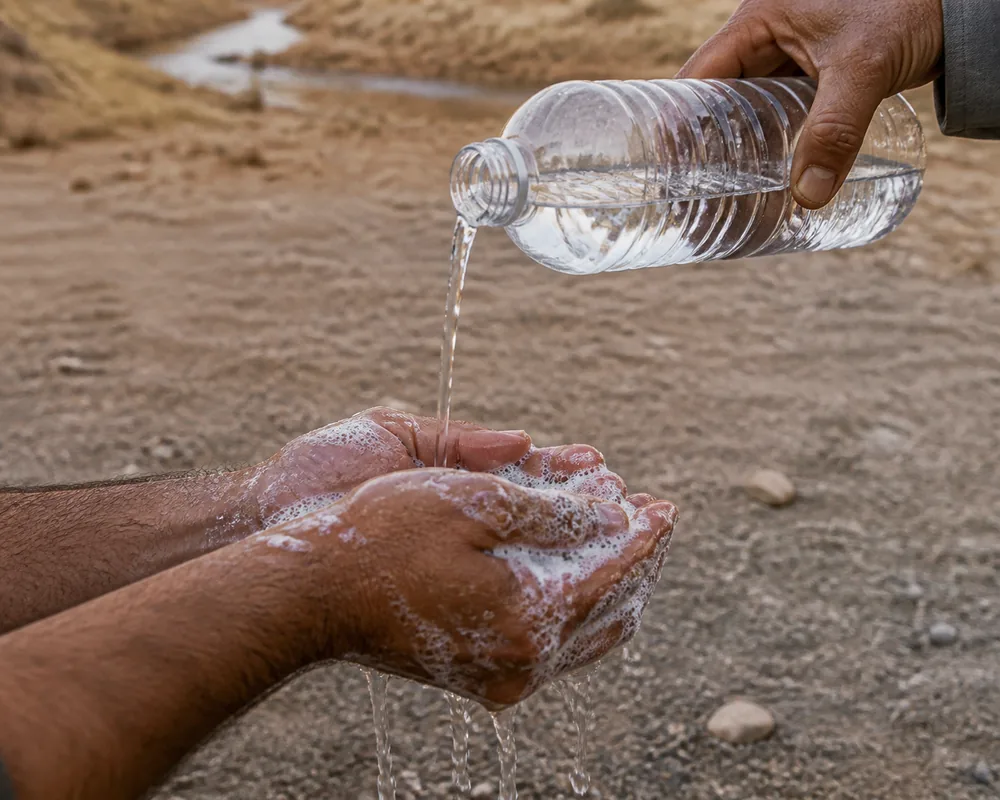 A hiker lathering soapy hands while a companion pours water from a bottle over them on bare ground well back from a stream - the twenty-second soap wash that alcohol gel cannot replace | KnowOutdoor