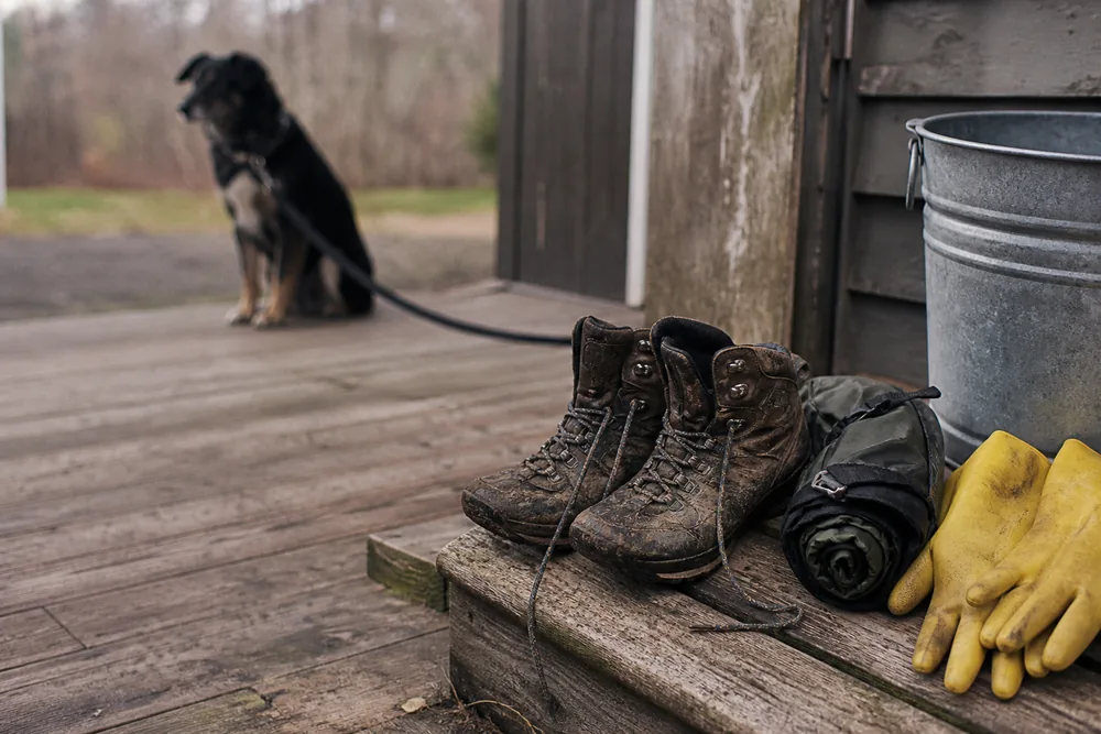 Muddy hiking boots and gaiters set out on a porch step beside a bucket and a pair of unworn rubber gloves, with a dog waiting on a lead in the background - the decontamination that has to happen before any of it is handled bare-handed | KnowOutdoor