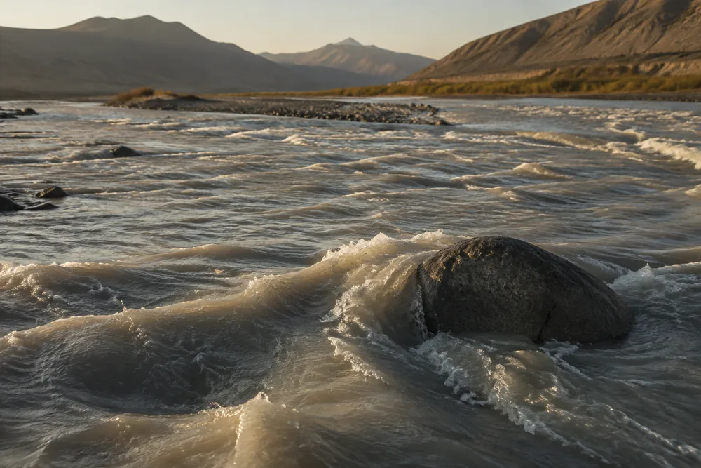 A braided glacial river in late afternoon running high with grey-brown meltwater, the gravel bars between its channels almost entirely drowned and the water standing in low waves against a boulder, long low sunlight raking across the flats | KnowOutdoor