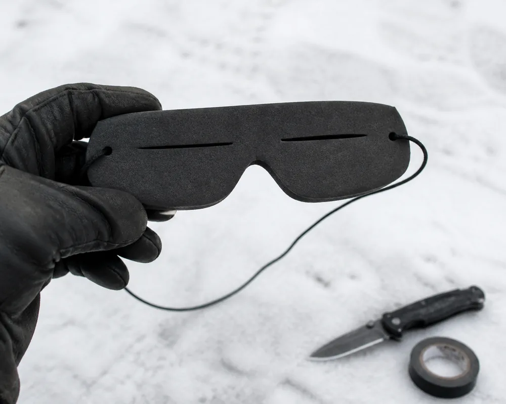 Improvised eye shields cut from stiff dark card with two very narrow horizontal slits and a cord to tie behind the head, held in a gloved hand against bright snow | KnowOutdoor
