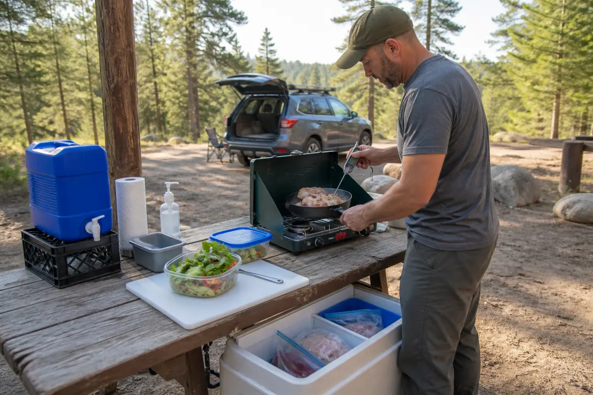 Camp cook using treated water and separate utensils while raw food remains sealed below ready-to-eat ingredients in a cooler-supported setup