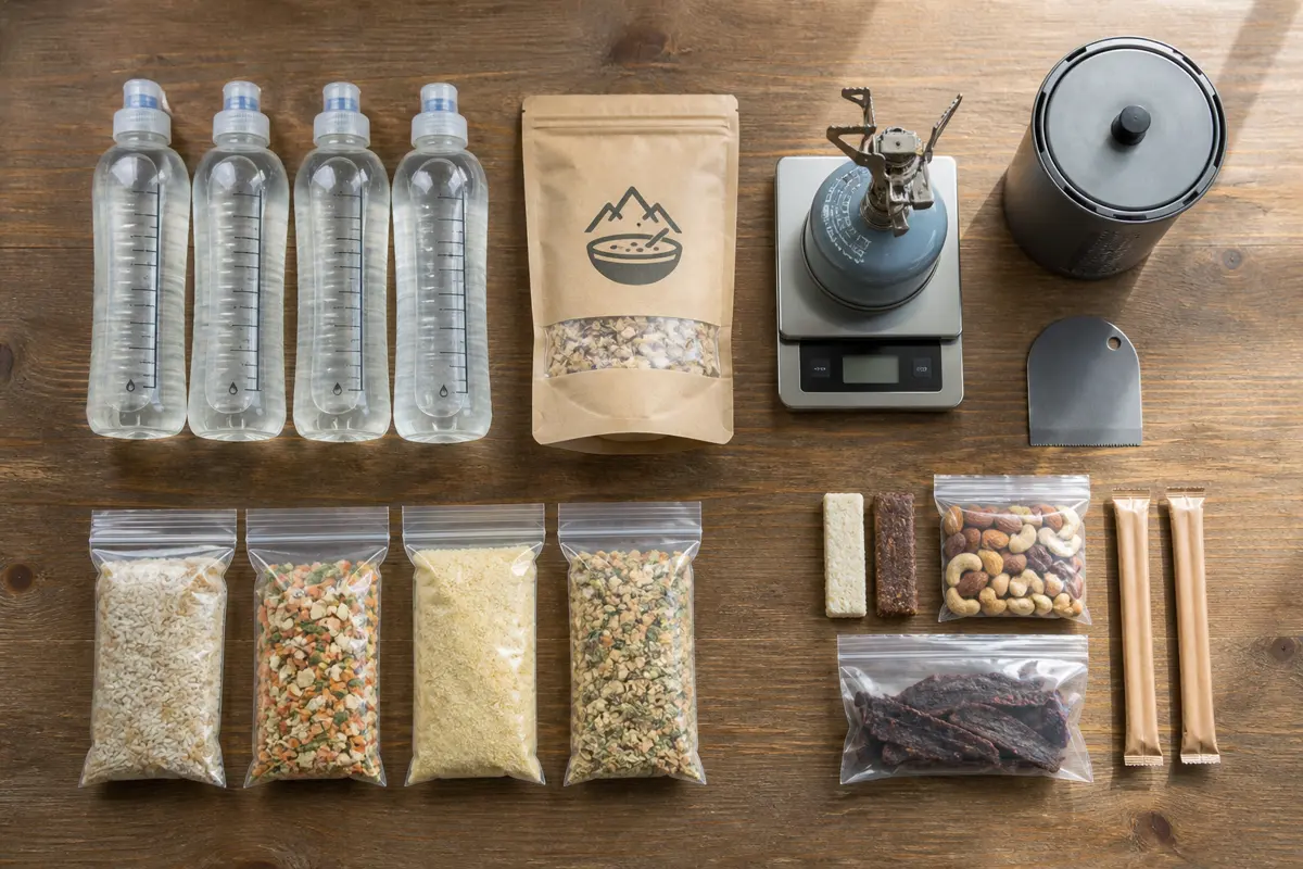 Backcountry cook kit beside measured water bottles, labelled meal packet, fuel canister, pot, and a written one-dinner resource ledger
