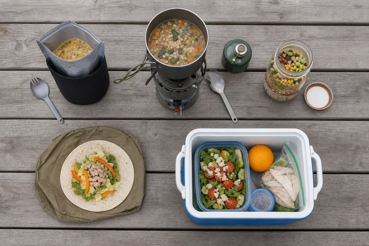 Five backcountry meal methods arranged with their real equipment: boil-in-bag, one-pot simmer, cold-soak jar, no-cook wrap, and cooler-supported fresh food