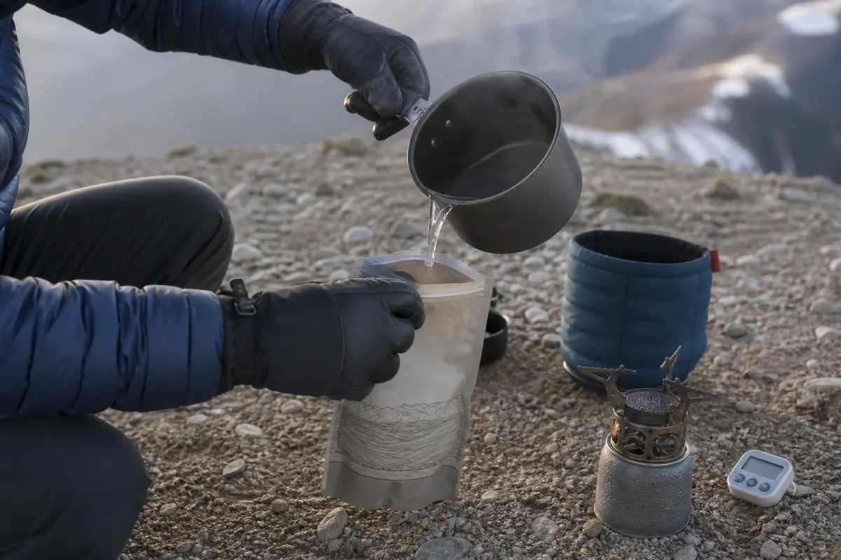 Backpacker measuring boiling water into an approved meal pouch while the extinguished stove and stable pot remain on bare ground