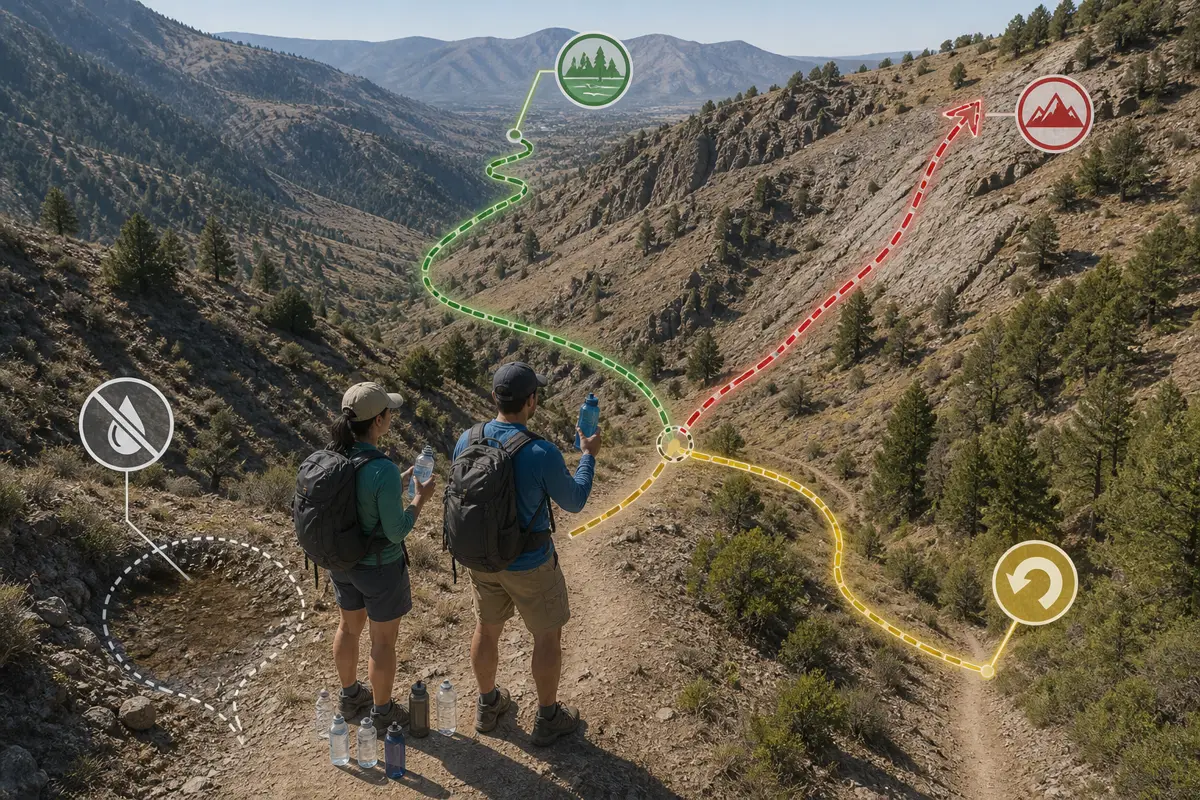 Hikers at a dry mapped spring comparing remaining bottles, known exit route, distant alternate source, daylight, and a clear turnaround branch