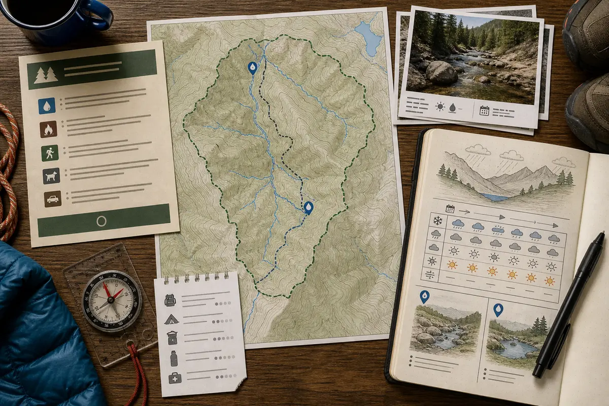 Hiker comparing a land-manager notice, dated direct source report, topographic map, recent weather pattern, and two alternate water locations before departure