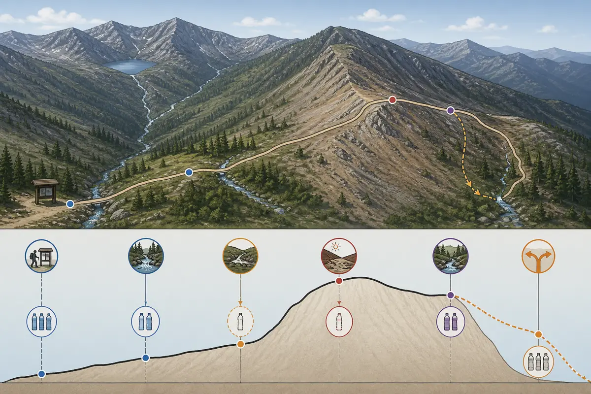 Route water ledger represented by map points, container volumes, exposed climb, treatment kit, reserve, and turnaround branch without readable labels