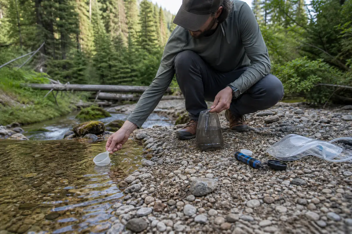 Backpacker using a small scoop to collect shallow clear water into a dirty-water bag from a stable gravel edge while keeping boots and equipment out of the source