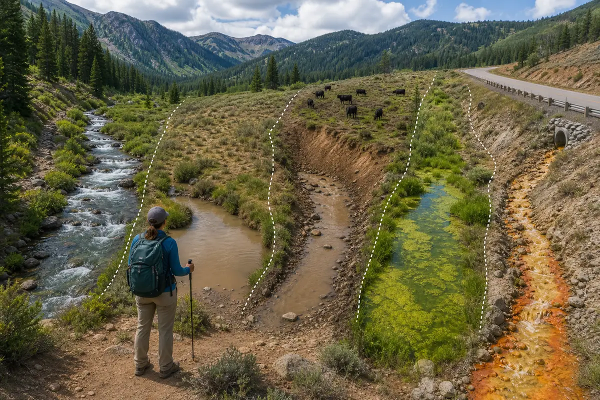Hiker comparing accessible clear flow, silty shallow pool, livestock-affected bank, algae-covered water, and a chemically contaminated runoff warning scene