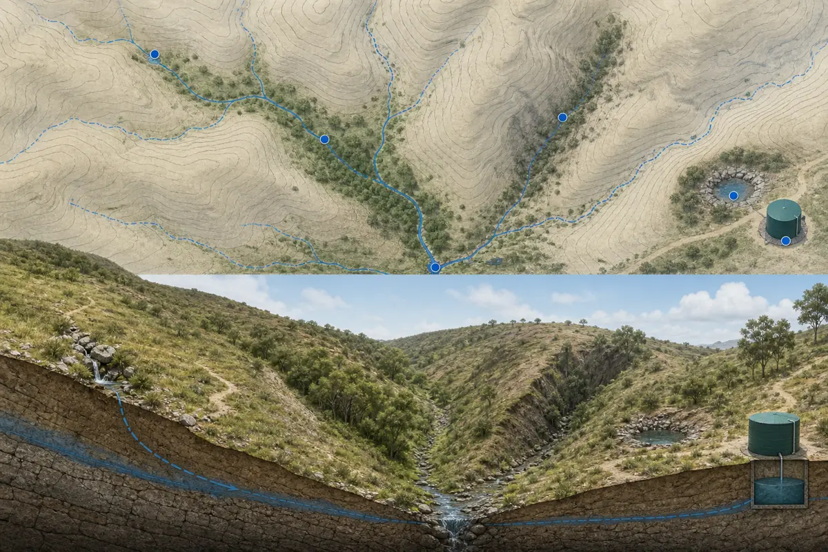 Generic topographic terrain cutaway matching intermittent drainage, spring, shaded gully, drainage junction, vegetation band, and rock pool to their map positions