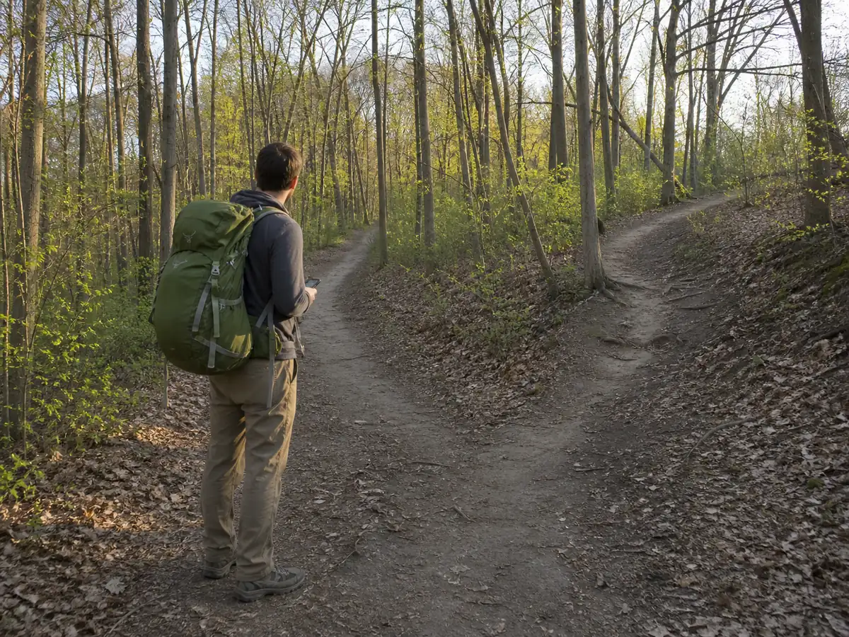 Hiker paused at an unsigned woodland fork with a phone held low - heads-up GPS navigation | KnowOutdoor