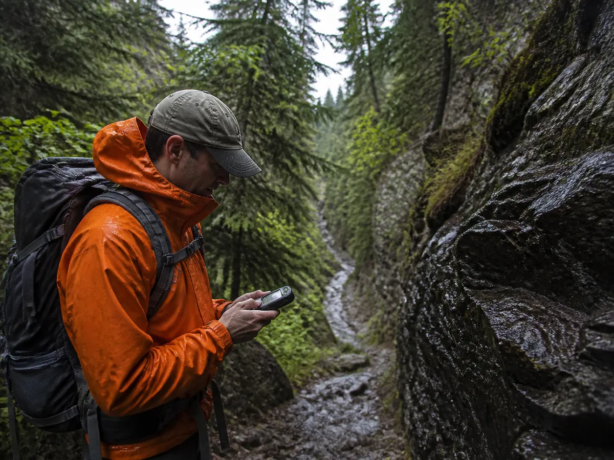 Hiker checking a GPS receiver beneath trees and a narrow rock wall - weak GPS sky view | KnowOutdoor