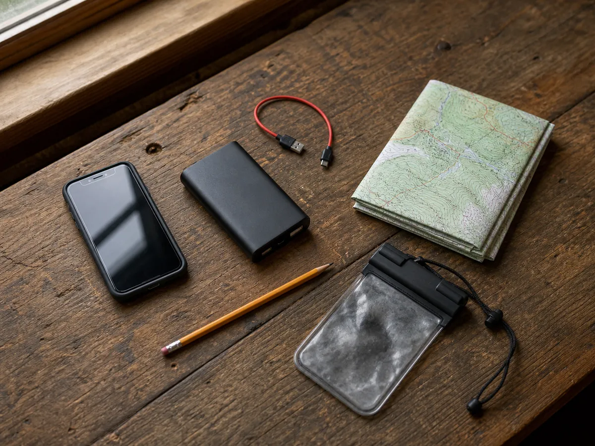 Phone, power bank, cable, folded topographic map, and pencil arranged for offline navigation - GPS hiking preparation | KnowOutdoor