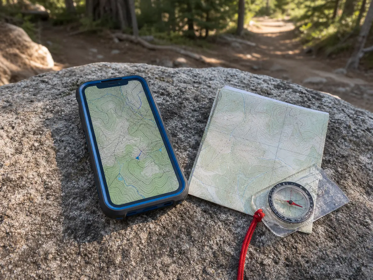 Phone with an offline topographic map beside a paper map and compass at a trail junction - GPS navigation check | KnowOutdoor