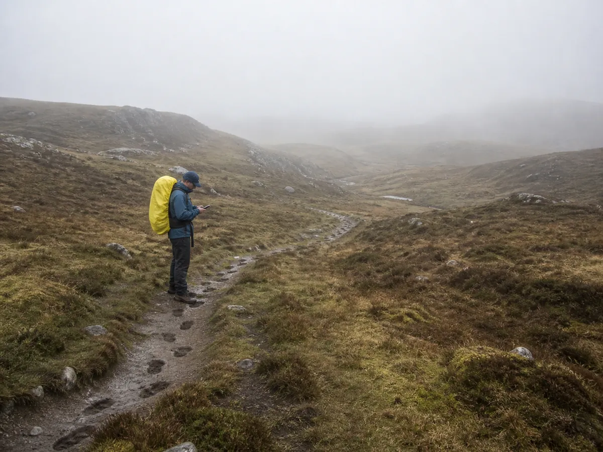 Hiker retracing visible footprints across foggy moorland while checking a breadcrumb track - GPS trackback | KnowOutdoor