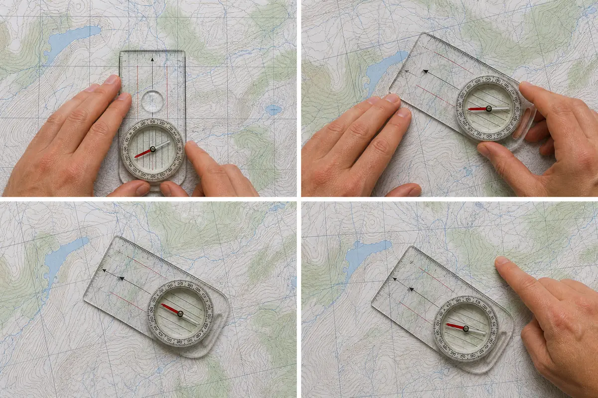 Four-stage overhead sequence showing a baseplate compass aligned to topographic map north lines, then the map and compass rotated together until the needle settles
