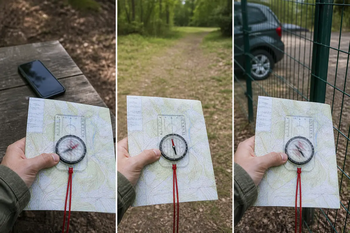 Baseplate compass tested beside a phone, vehicle, metal fence, and then in a clear position where the needle becomes stable