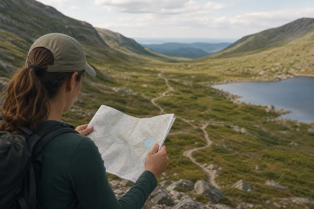 Hiker rotating a topographic map to match a curving valley, side ridge, lake shore, and trail junction visible in a generic landscape