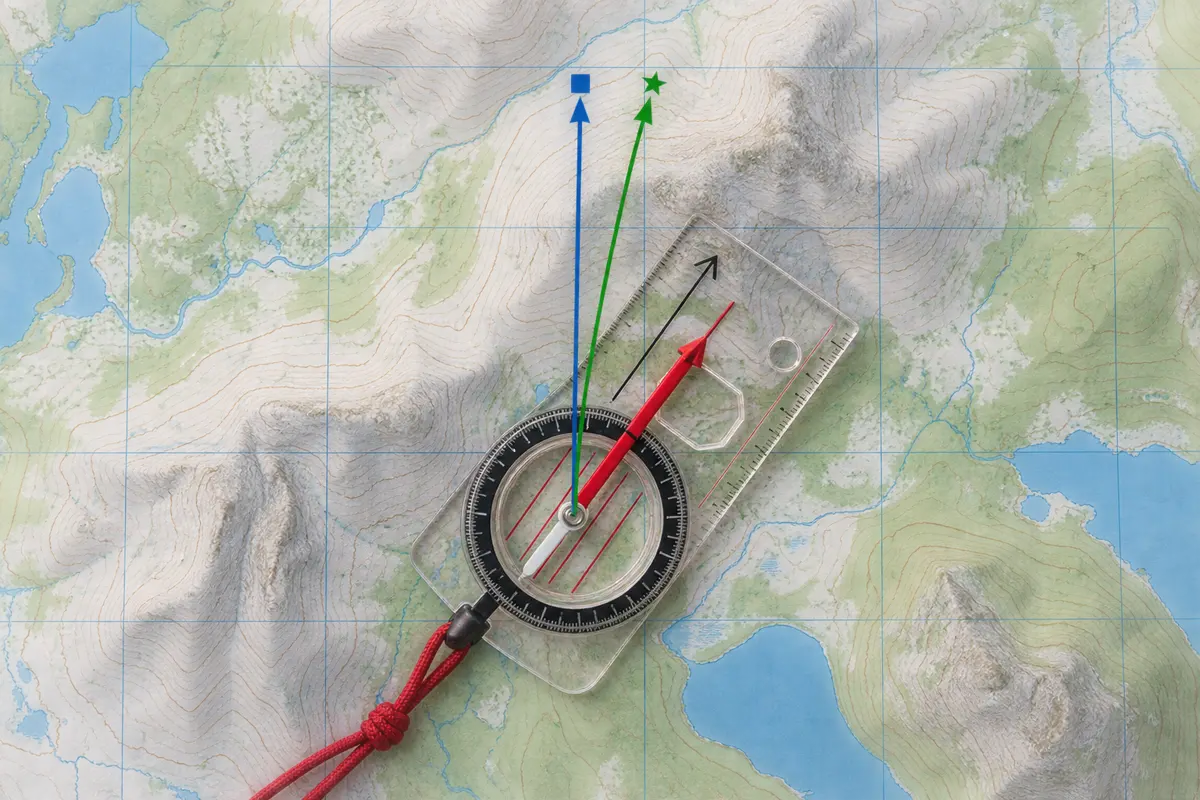 Topographic map beside a baseplate compass showing distinct map north, true north, and magnetic north directions without numerical labels