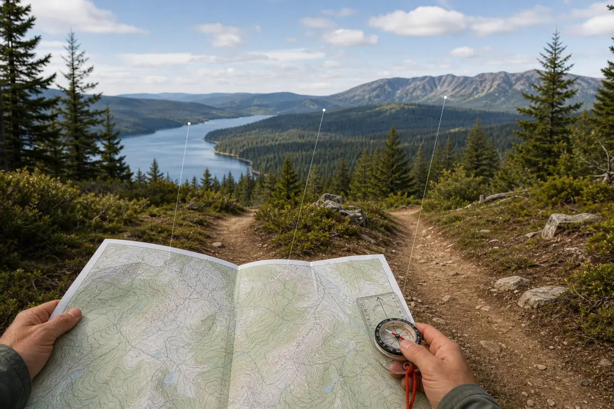Oriented topographic map with a nearby trail junction, mid-distance lake inlet, and far ridge aligned in the same left-to-right sequence as the landscape