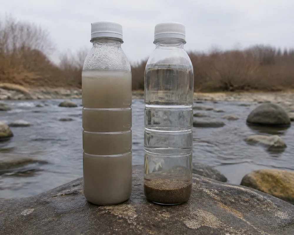 Two bottles showing cloudy stream water and clearer water above a settled sediment layer - Backcountry water purification | KnowOutdoor