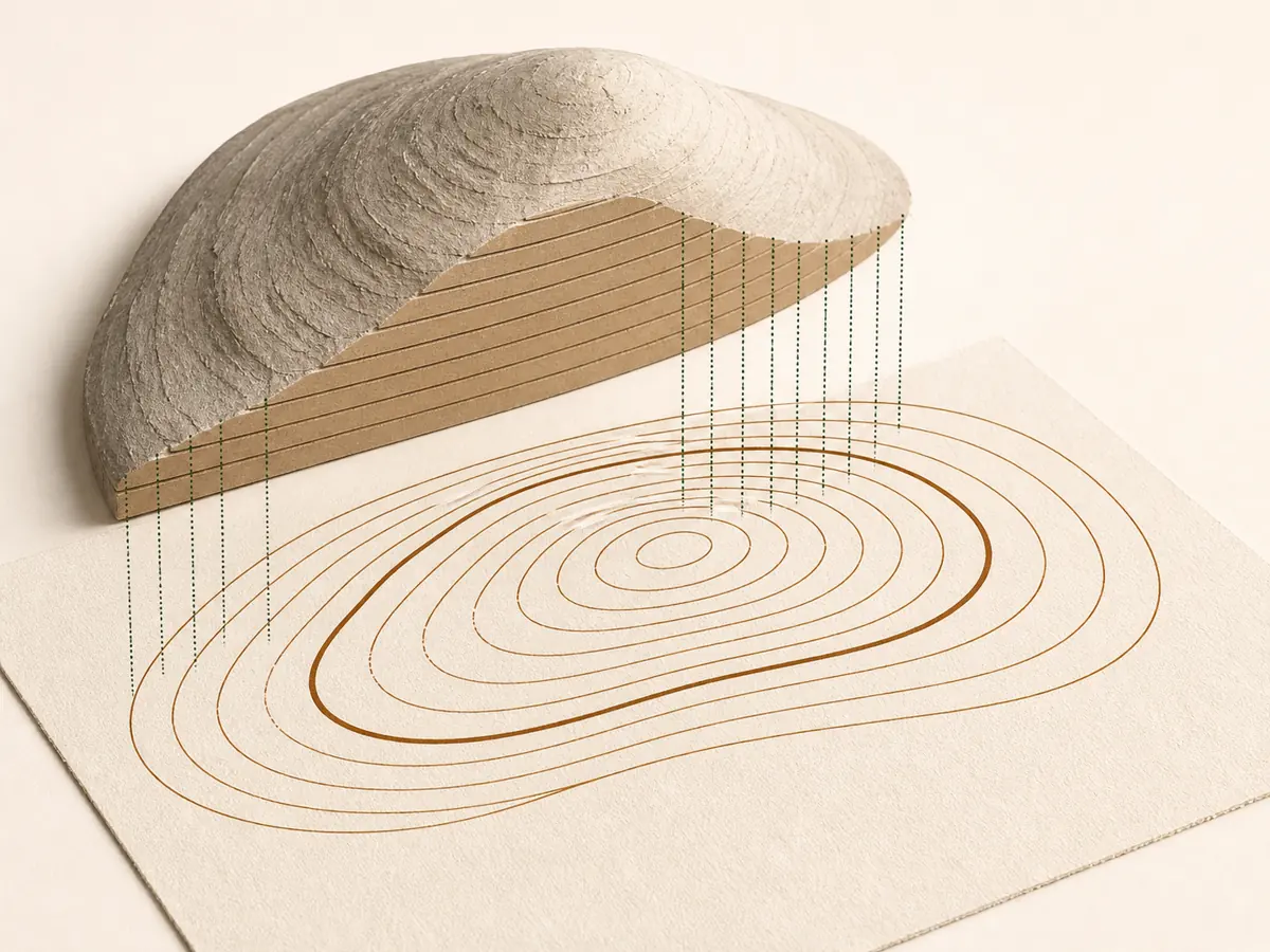 Relief hill sliced into equal elevation layers beside matching thin and bold contour loops - contour interval | KnowOutdoor
