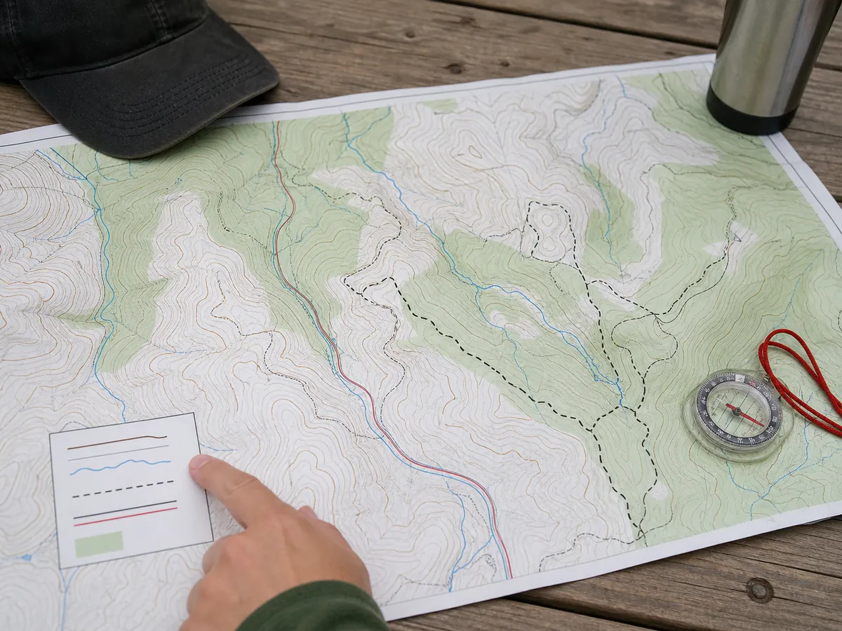 Topographic map showing contours, stream, road, grid, and legend under a pencil - topographic map features | KnowOutdoor