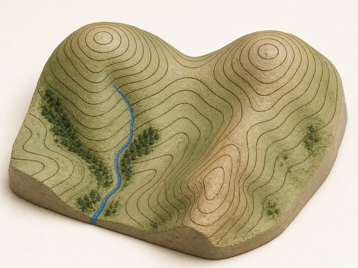 Relief terrain model with contour lines over a stream valley, projecting ridge, and low saddle - contour landforms | KnowOutdoor