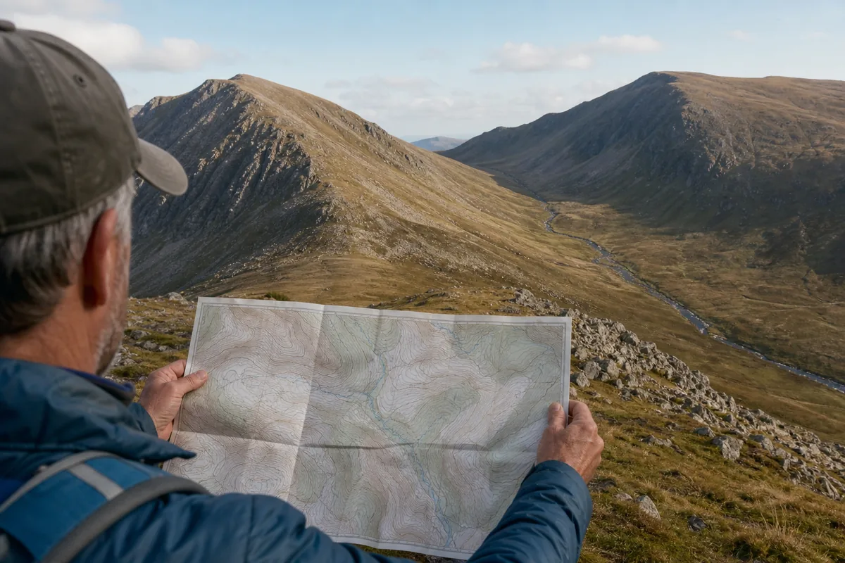 Hiker aligning a paper topographic map with a broad ridge, saddle, and stream valley ahead - orienting a topographic map | KnowOutdoor