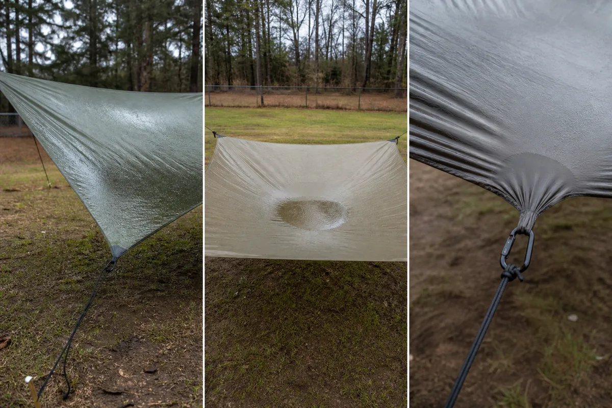 Three tarp panels showing centre sag, a water pocket, and an overstrained tie-out after light rain