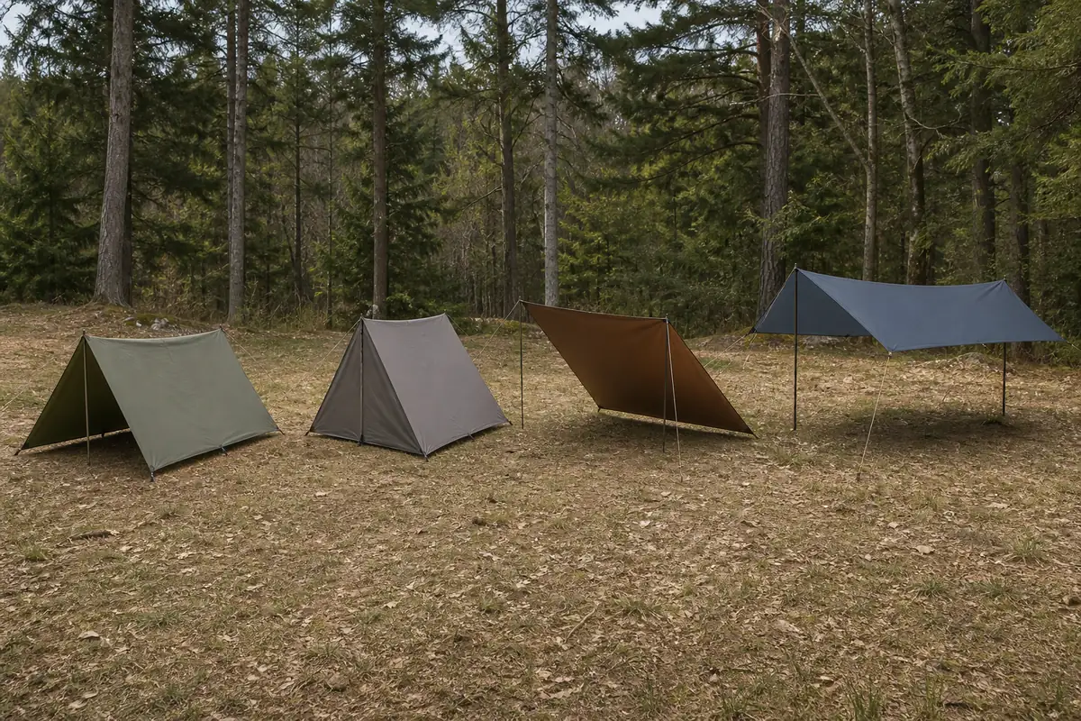 A-frame, closed-end A-frame, lean-to, and high canopy tarp pitches shown at the same scale in open woodland