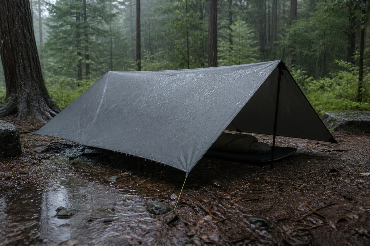 Low A-frame tarp shedding steady rain along steep panels beyond a dry elevated sleeping footprint