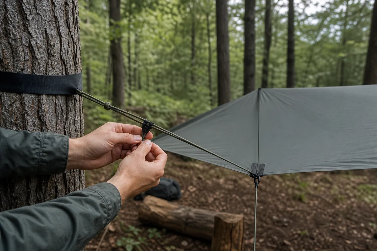Hands rigging a tarp ridgeline between a protected tree anchor and an adjustable hitch with the ridge tie-out centred