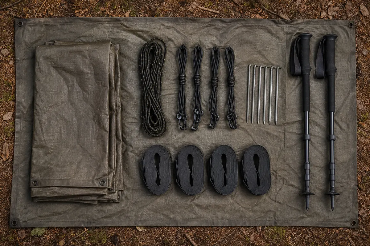 Rectangular tarp beside organised ridgeline, corner guylines, stakes, tree straps, and trekking poles on a forest groundsheet