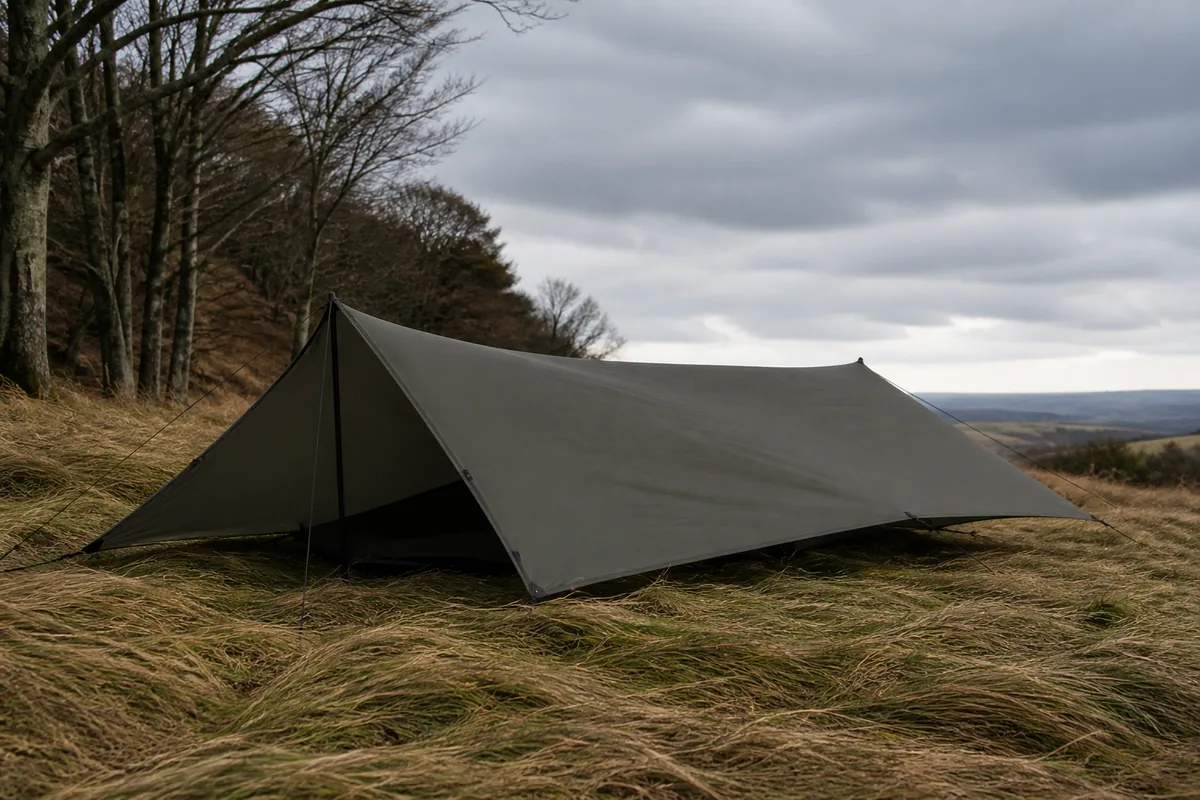 Low closed-end tarp facing wind with bent grass on the windward side and a sheltered leeward opening