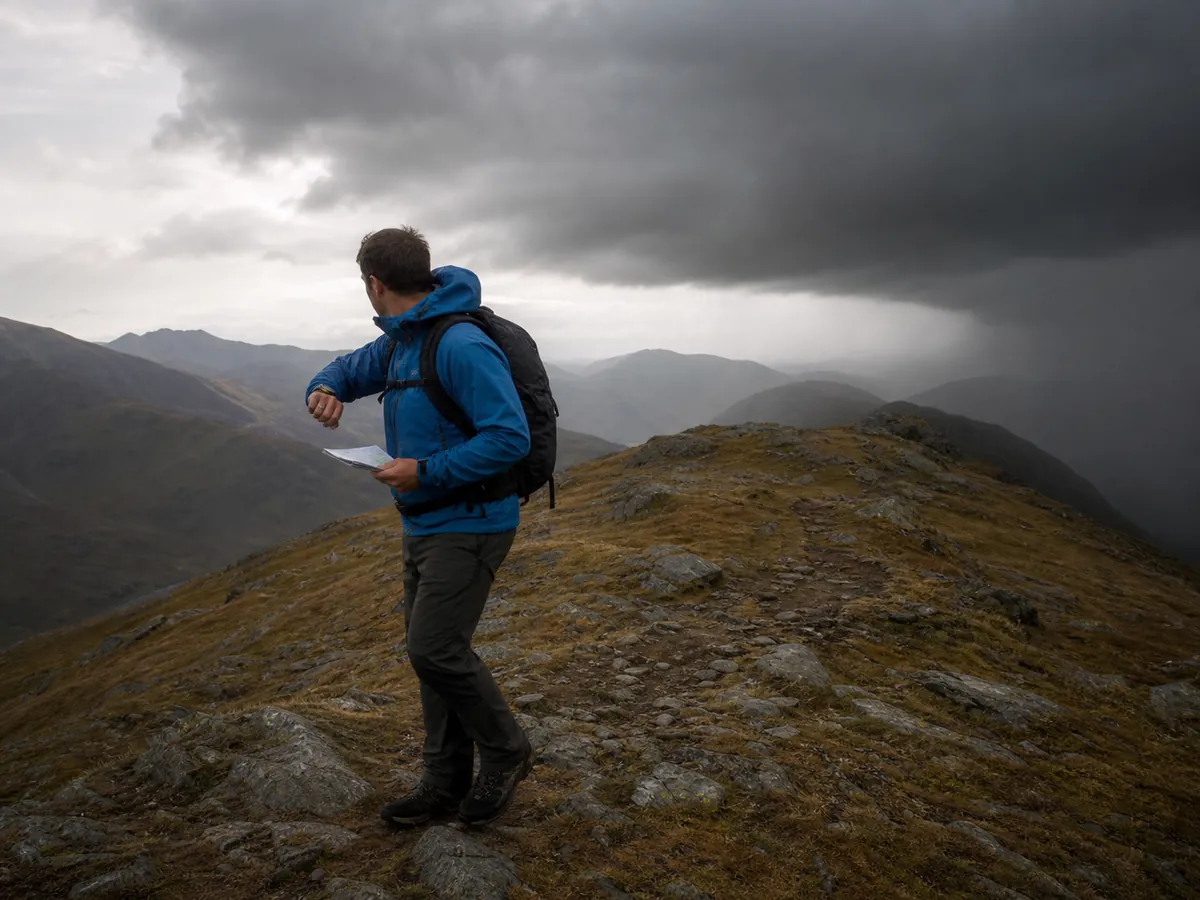 Hiker checking a watch and paper route on an exposed ridge as dark weather approaches - early navigation turnaround | KnowOutdoor