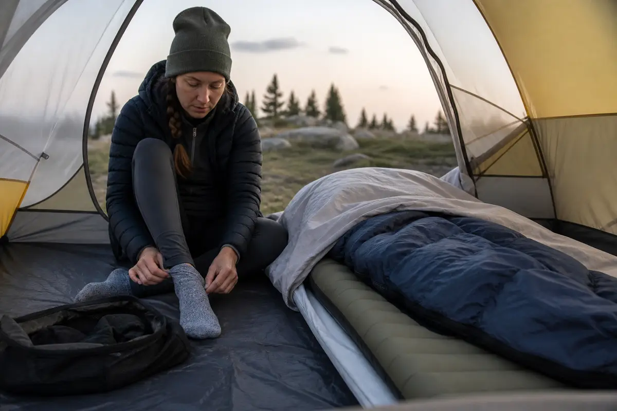 Camper changing from damp hiking clothes into loose dry base layers and socks while the sleeping bag remains protected on an insulated pad
